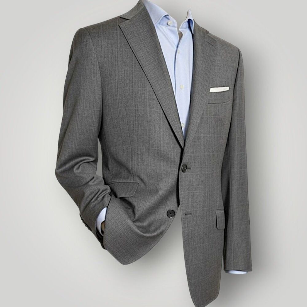 J.HILBURN Men’s Tailored fit Blazer Wool Gray Windowpane Sport Coat Jacket 42L